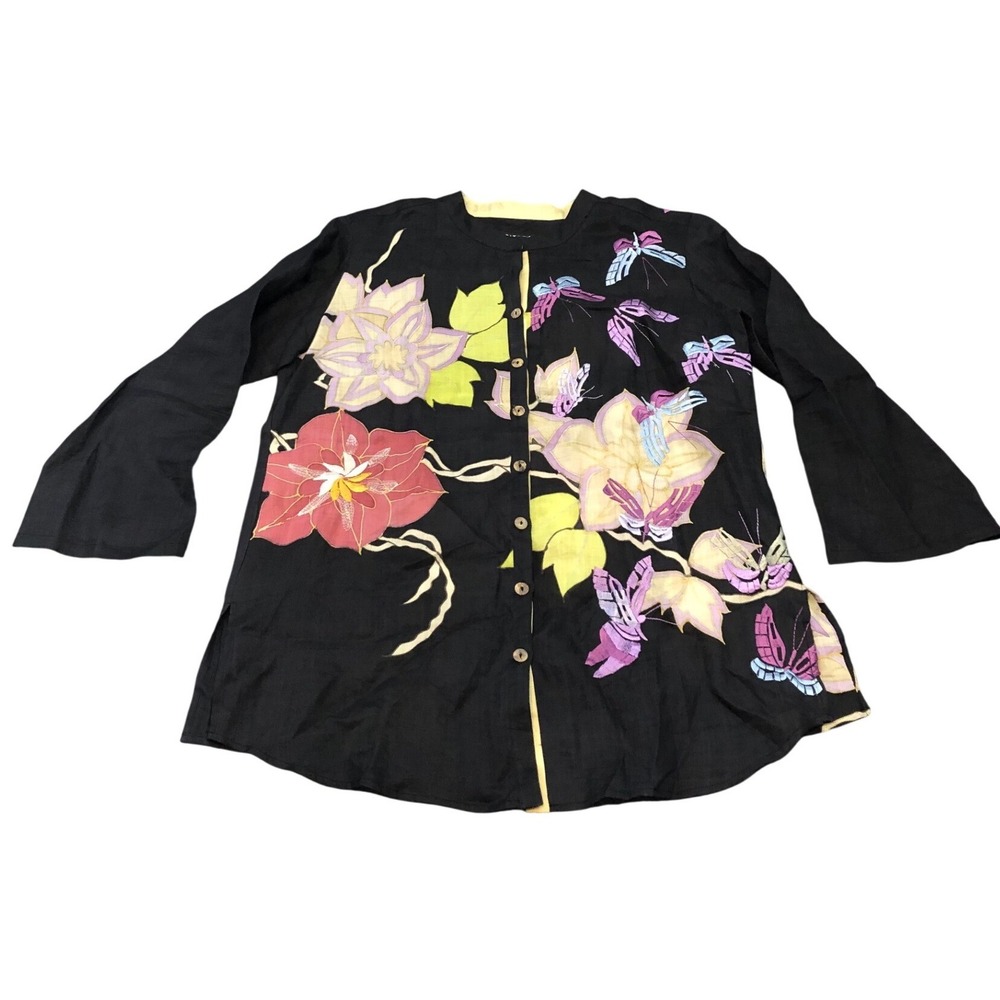 Citron Blouse Womens M Black Floral Butterfly Ramie Art to Wear‎ N1309HFE